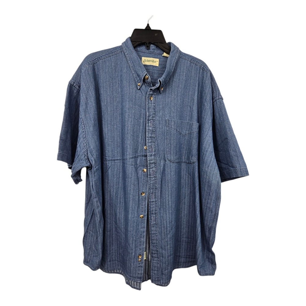 Vintage 90s St Johns Bay Twill Stripe Denim Shirt Men's XXL Super Short Slv Y2K
